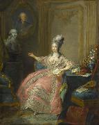 Portrait of Marie Josephine of Savoy Countess of Provence pointing to a bust of her husband overlooked by a portrait of her father